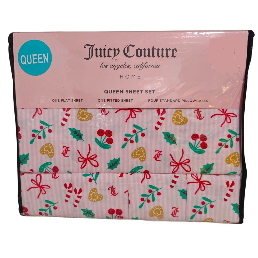 Juicy Couture Christmas Pink Green Queen‎ Sheet Set Los Angeles NWT